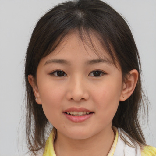 Joyful white child female with medium  brown hair and brown eyes