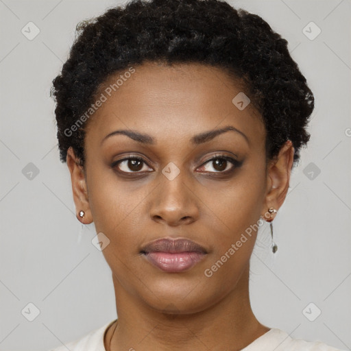 Neutral black young-adult female with short  black hair and brown eyes