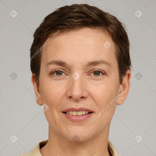 Joyful white adult female with short  brown hair and brown eyes