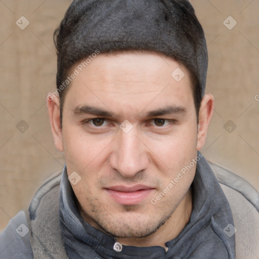 Neutral white young-adult male with short  brown hair and brown eyes