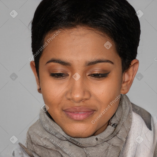 Joyful latino young-adult female with short  brown hair and brown eyes