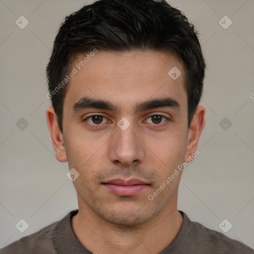 Neutral white young-adult male with short  brown hair and brown eyes