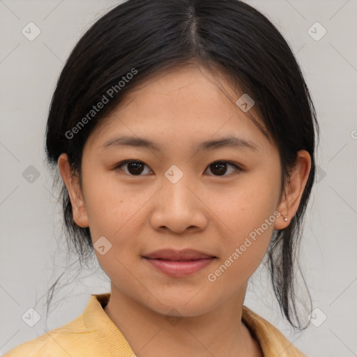 Joyful asian young-adult female with medium  brown hair and brown eyes