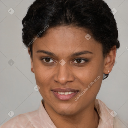 Joyful latino young-adult female with short  brown hair and brown eyes