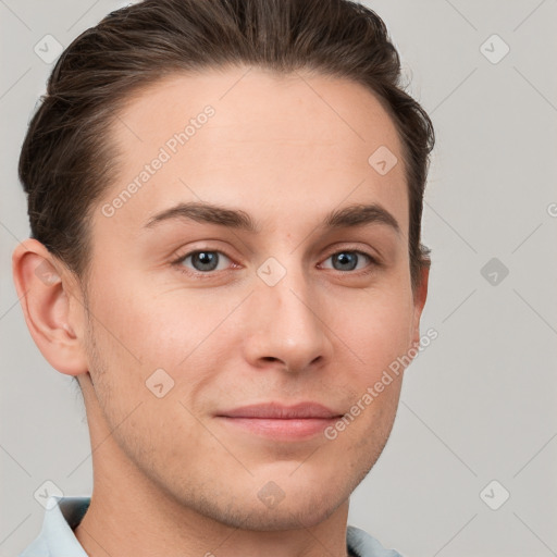 Neutral white young-adult male with short  brown hair and grey eyes