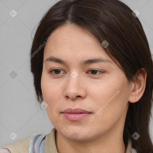 Joyful white young-adult female with medium  brown hair and brown eyes