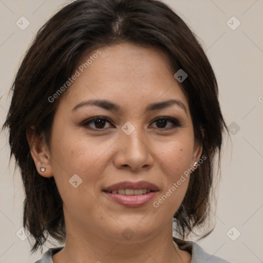 Joyful white young-adult female with medium  brown hair and brown eyes