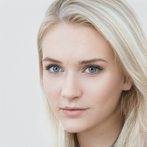 Neutral white young-adult female with long  brown hair and blue eyes