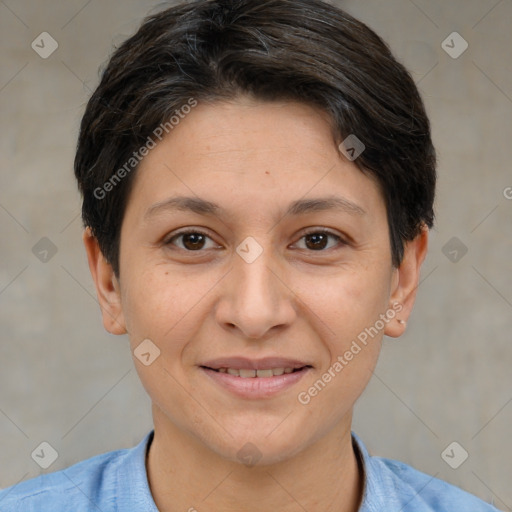 Joyful white adult female with short  brown hair and brown eyes