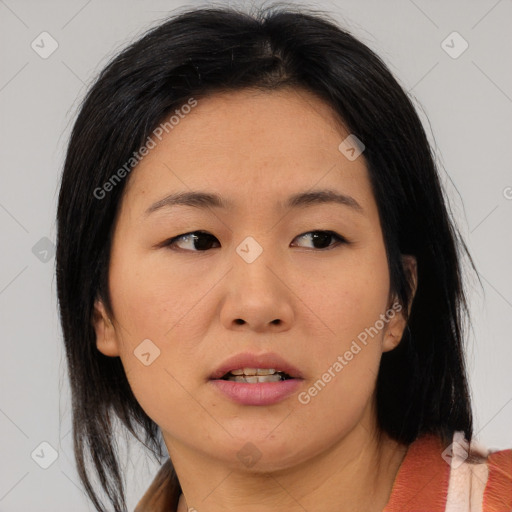 Neutral asian young-adult female with medium  brown hair and brown eyes