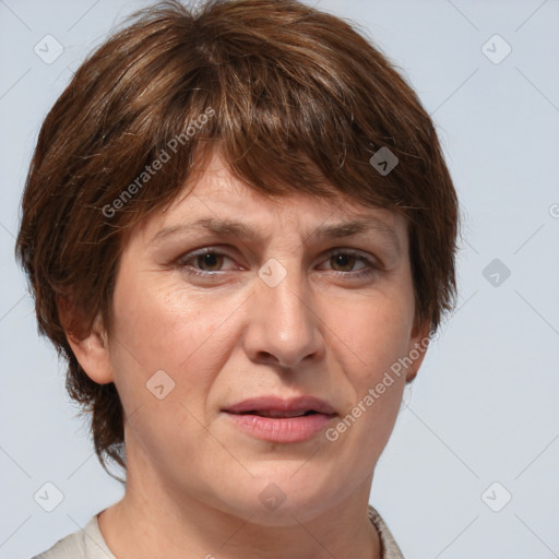 Joyful white adult female with medium  brown hair and grey eyes