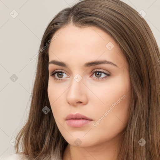 Neutral white young-adult female with long  brown hair and brown eyes