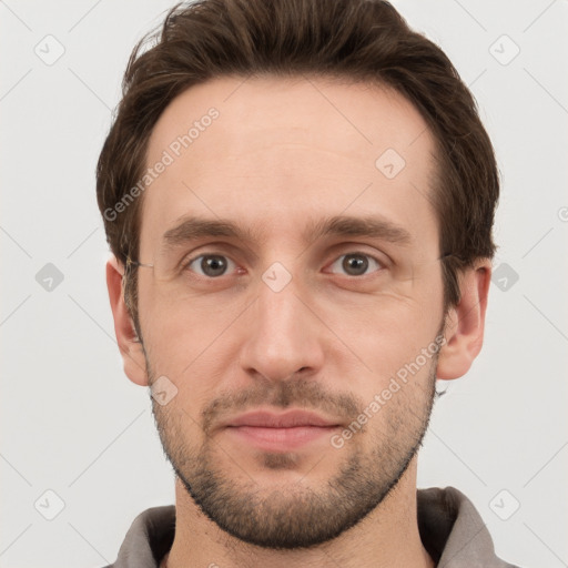 Neutral white young-adult male with short  brown hair and grey eyes