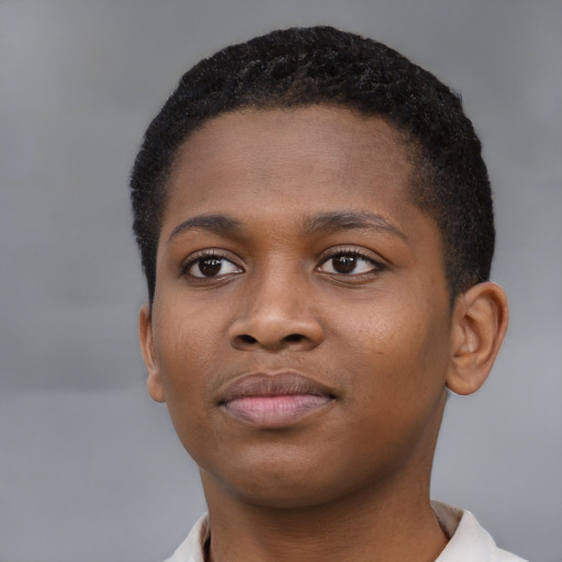 Neutral black young-adult female with short  black hair and brown eyes