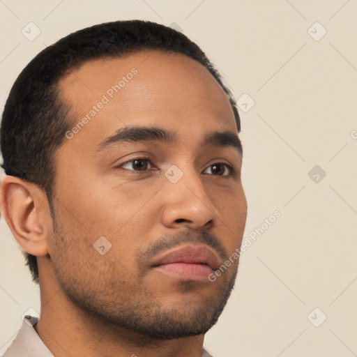 Neutral latino young-adult male with short  black hair and brown eyes