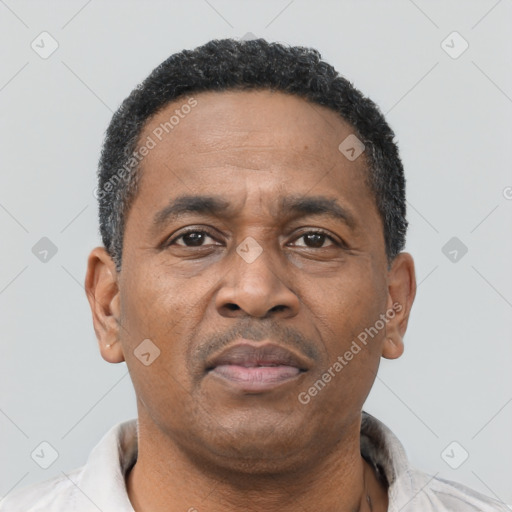 Neutral black adult male with short  black hair and brown eyes