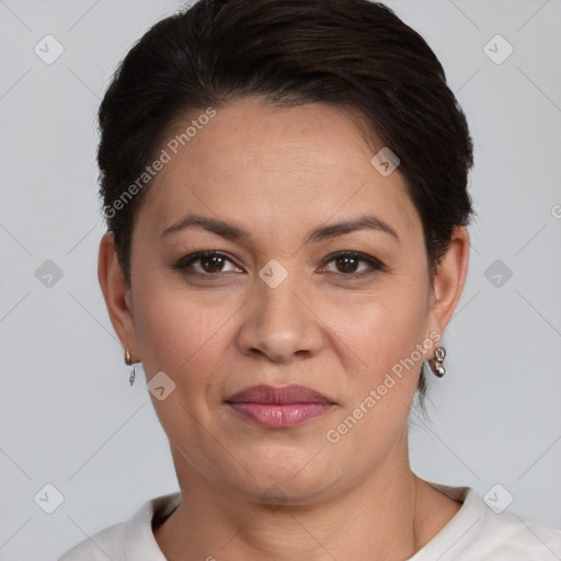 Joyful white adult female with short  brown hair and brown eyes