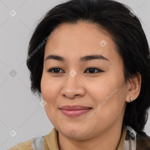 Joyful asian young-adult female with medium  brown hair and brown eyes