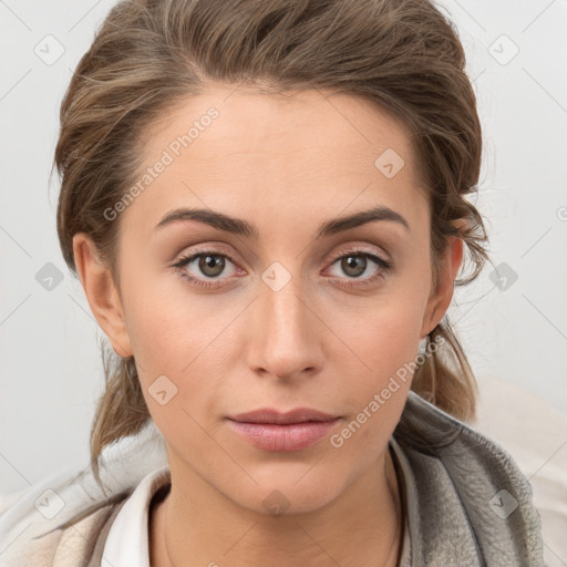 Neutral white young-adult female with medium  brown hair and brown eyes