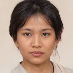 Neutral asian young-adult female with medium  brown hair and brown eyes