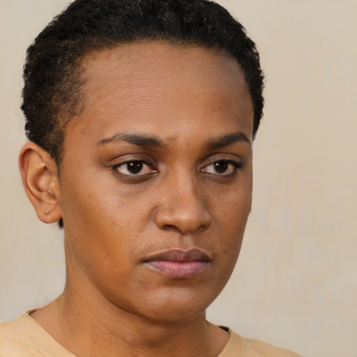 Neutral latino young-adult female with short  black hair and brown eyes