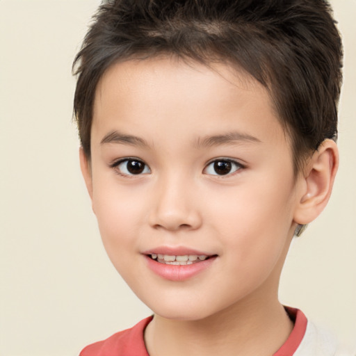 Joyful white child female with short  brown hair and brown eyes