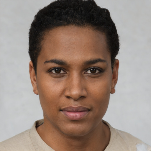 Joyful black young-adult female with short  black hair and brown eyes