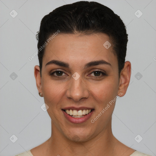 Joyful white young-adult female with short  brown hair and brown eyes