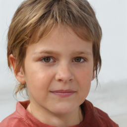 Joyful white child female with medium  brown hair and grey eyes