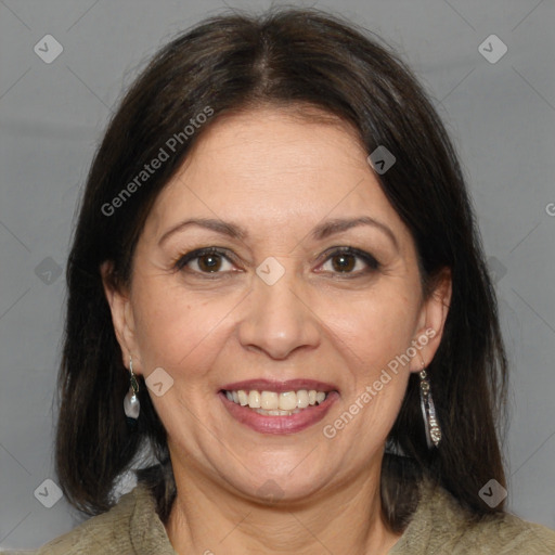 Joyful white adult female with medium  brown hair and brown eyes