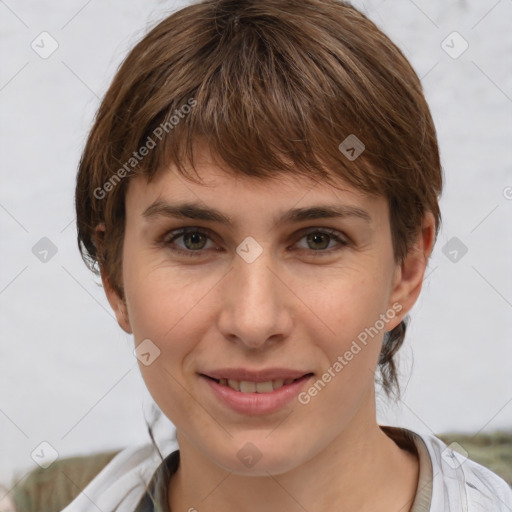 Joyful white young-adult female with medium  brown hair and grey eyes