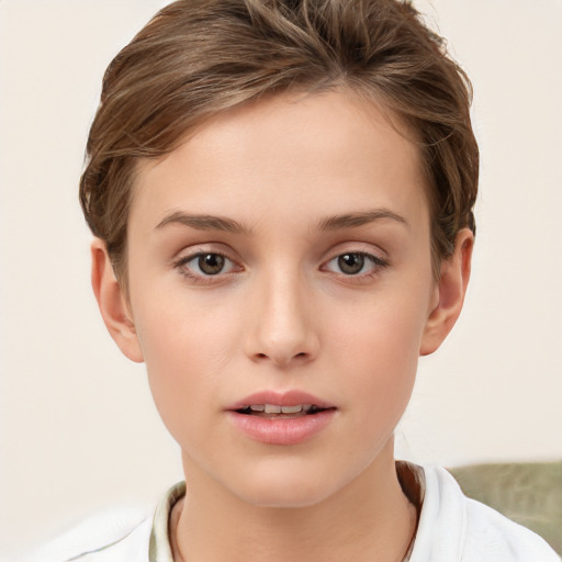 Neutral white young-adult female with short  brown hair and brown eyes