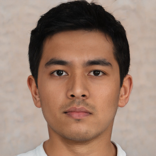 Neutral asian young-adult male with short  black hair and brown eyes