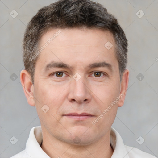 Neutral white adult male with short  brown hair and brown eyes