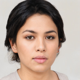 Neutral asian young-adult female with medium  brown hair and brown eyes