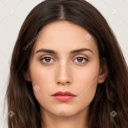 Neutral white young-adult female with long  brown hair and brown eyes