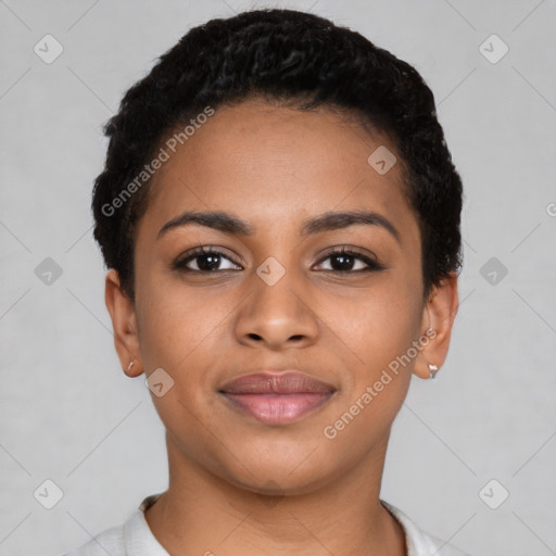 Joyful latino young-adult female with short  black hair and brown eyes