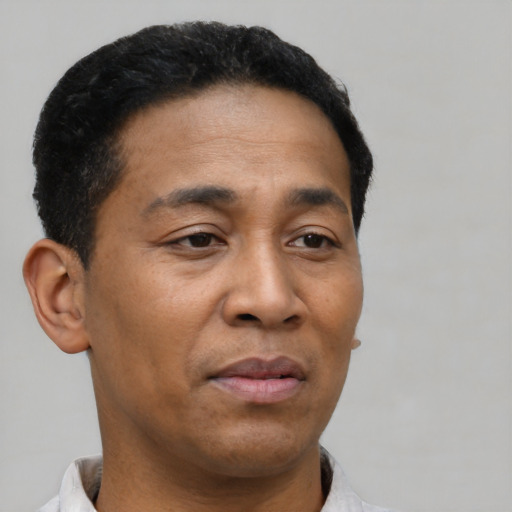Neutral latino adult male with short  brown hair and brown eyes