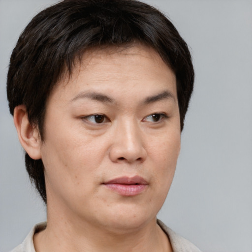 Neutral asian young-adult female with short  brown hair and brown eyes