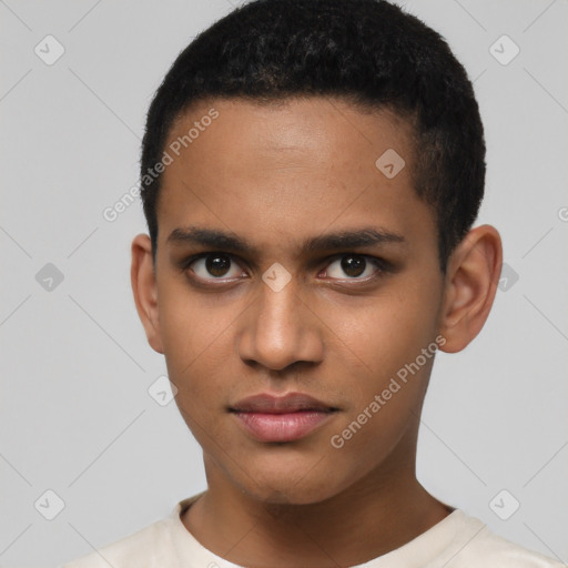 Neutral latino young-adult male with short  brown hair and brown eyes