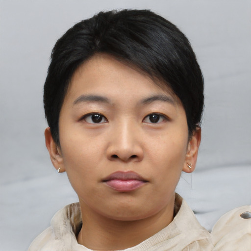 Neutral asian young-adult female with short  black hair and brown eyes