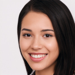 Joyful white young-adult female with long  black hair and brown eyes