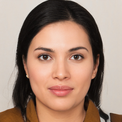 Joyful white young-adult female with medium  black hair and brown eyes