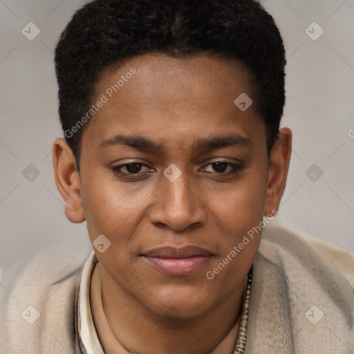 Joyful black young-adult female with short  brown hair and brown eyes