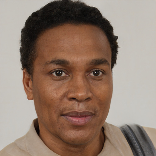 Joyful black adult male with short  brown hair and brown eyes