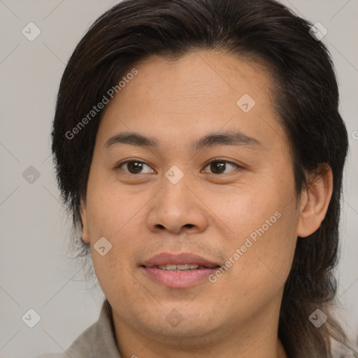 Joyful white young-adult male with medium  brown hair and brown eyes