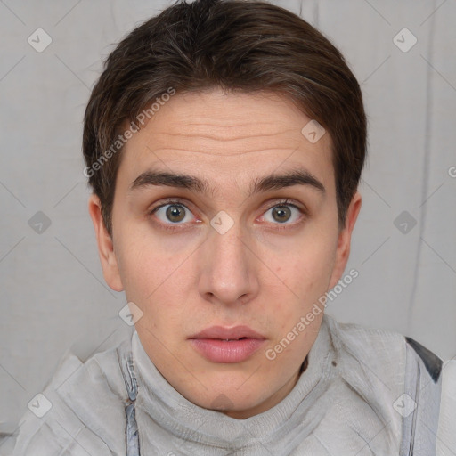 Neutral white young-adult male with short  brown hair and brown eyes