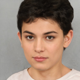 Neutral white young-adult female with short  brown hair and brown eyes