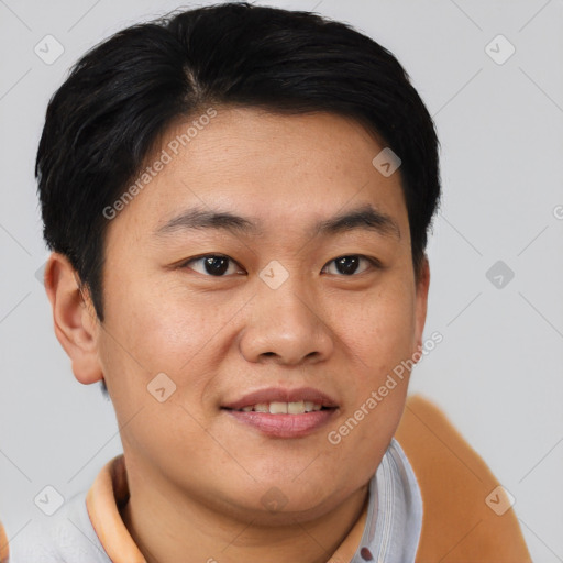 Joyful asian young-adult male with short  brown hair and brown eyes