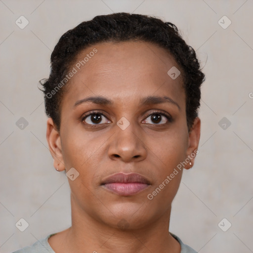 Neutral black young-adult female with short  brown hair and brown eyes